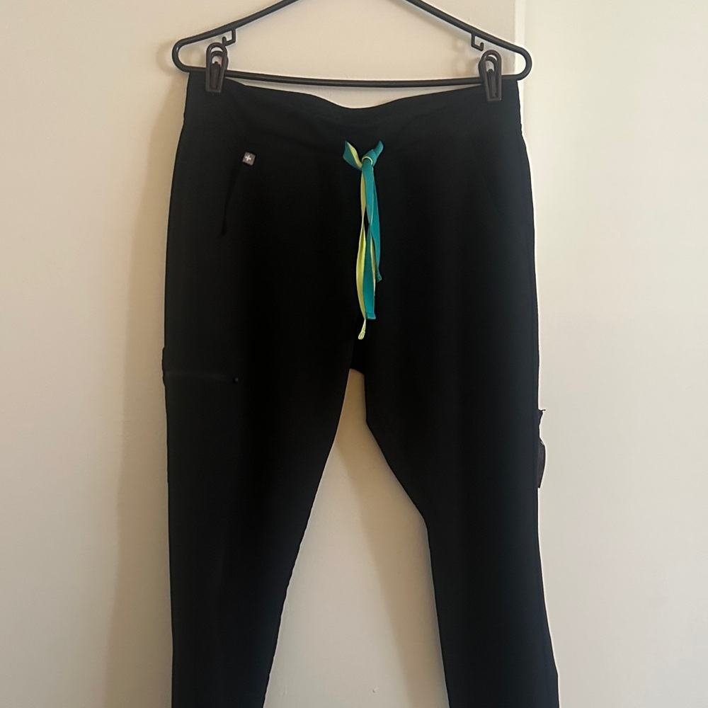 Figs Black Joggers with Teal and Yellow Drawstring, limited edition, reg medium